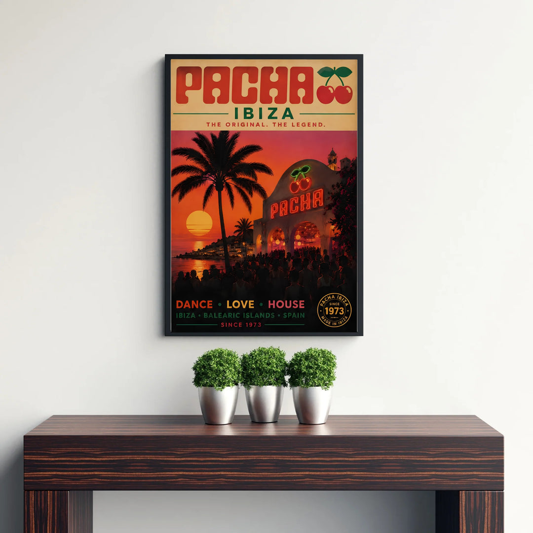 Historic Ibiza nightclub wall art featuring vintage typography and the famous cherry emblem over the whitewashed venue exterior, available at MapYourDreams as an unframed paper print, gallery stretched canvas, or custom framed wall decor ideal for entertainment spaces.