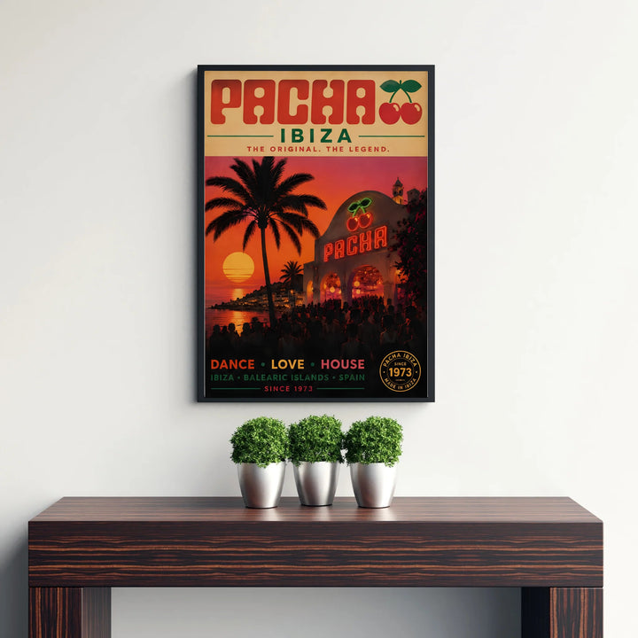 Historic Ibiza nightclub wall art featuring vintage typography and the famous cherry emblem over the whitewashed venue exterior, available at MapYourDreams as an unframed paper print, gallery stretched canvas, or custom framed wall decor ideal for entertainment spaces.