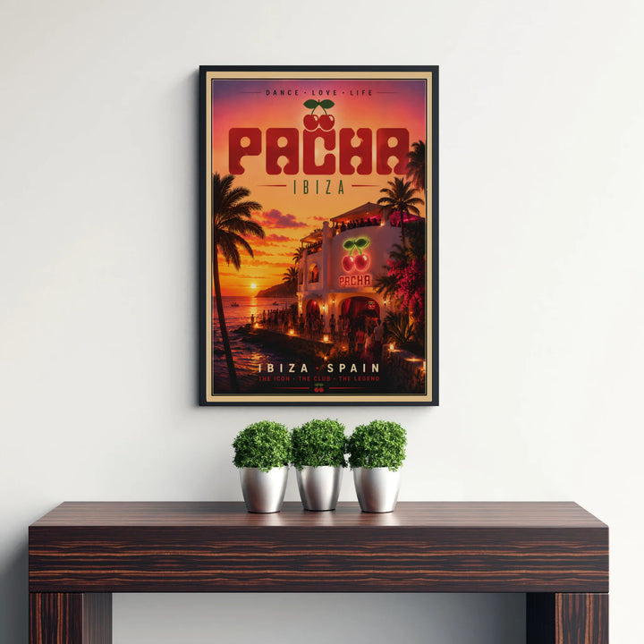 Spanish island nightlife poster showing Pacha Ibiza venue at sunset with glowing neon logos and ocean horizon views, available at MapYourDreams as an unframed paper print, gallery wrapped canvas art, or custom framed wall decor in natural wood and grey frames.