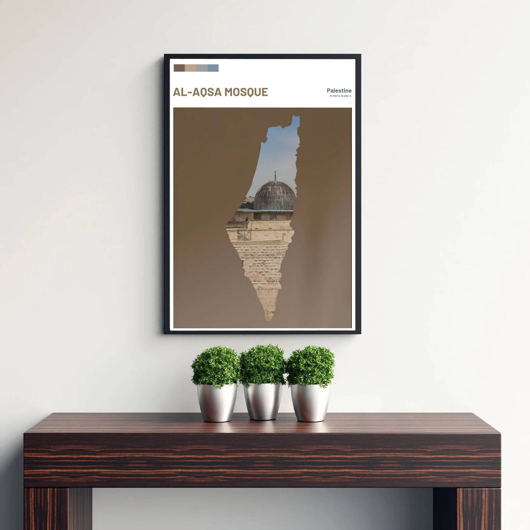 Taupe brown and beige photo poster of Al Aqsa Mosque inside Palestine map silhouette under clean minimalist layout styling. Published by MapYourDreams, this artwork is available in flexible options including unframed paper, custom wooden frames, and gallery canvas wraps for fine art display.