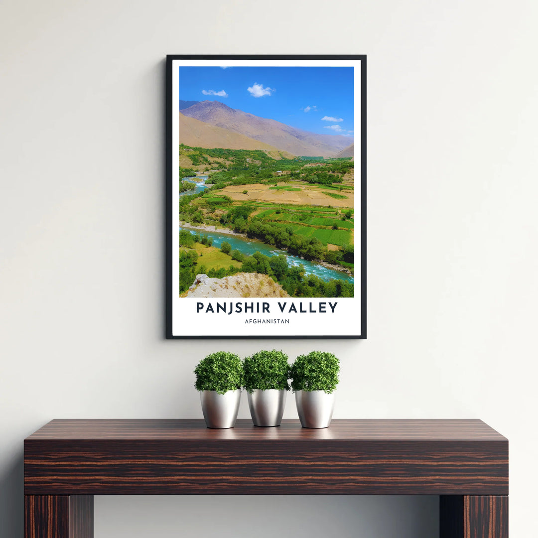 Travel photography poster of Panjshir Valley, Afghanistan, capturing an expansive rural valley, clear blue skies, and distant mountain silhouettes. Supplied by MapYourDreams as an unframed paper print, a gallery canvas print, or a custom framed wall art piece in a retro white frame for modern lounge interiors.