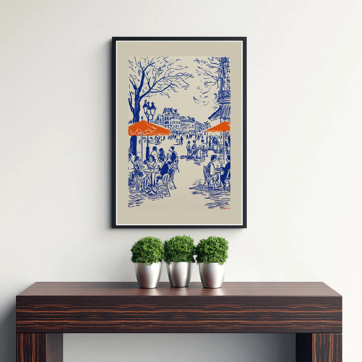 Vintage French city street line drawing art poster showing streetlamps and outdoor tables in Paris France. MapYourDreams supplies framed, unframed, and canvas poster options for wall decor.
