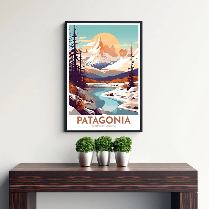 Framed by clean typography reading Sunset Valley, this Patagonia Mountain poster highlights the dramatic peaks of Mount Fitz Roy in Argentina, created by MapYourDreams and available as an unframed print, framed picture, or canvas wall decor.