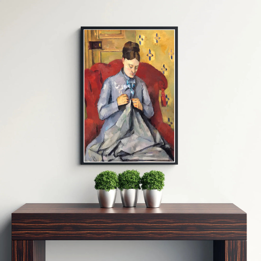 Fine art wall decor print of Paul Cezanne Madame Cezanne Sewing 1877 displaying detailed needlework figures in Paris France. MapYourDreams supplies custom framed paper prints, unframed posters, and gallery stretched canvas art suitable for classic artistic home layouts.