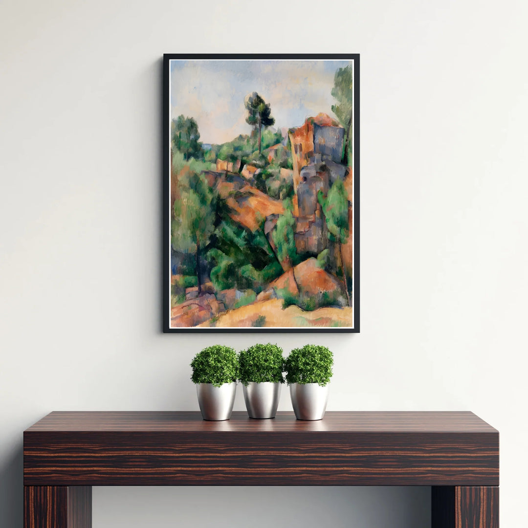 Fine art wall decor print of Paul Cezanne Bibemus Quarry 1895 displaying geometric sandstone shapes in Aix-en-Provence France. MapYourDreams supplies custom framed paper prints, unframed posters, and gallery stretched canvas art suitable for natural artistic home layouts.
