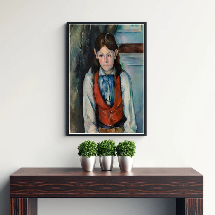 Fine art wall decor print of Paul Cezanne Boy In A Red Vest 1888 displaying detailed white shirt folds in Paris France. MapYourDreams supplies custom framed paper prints, unframed posters, and gallery stretched canvas art suitable for sophisticated artistic home layouts.