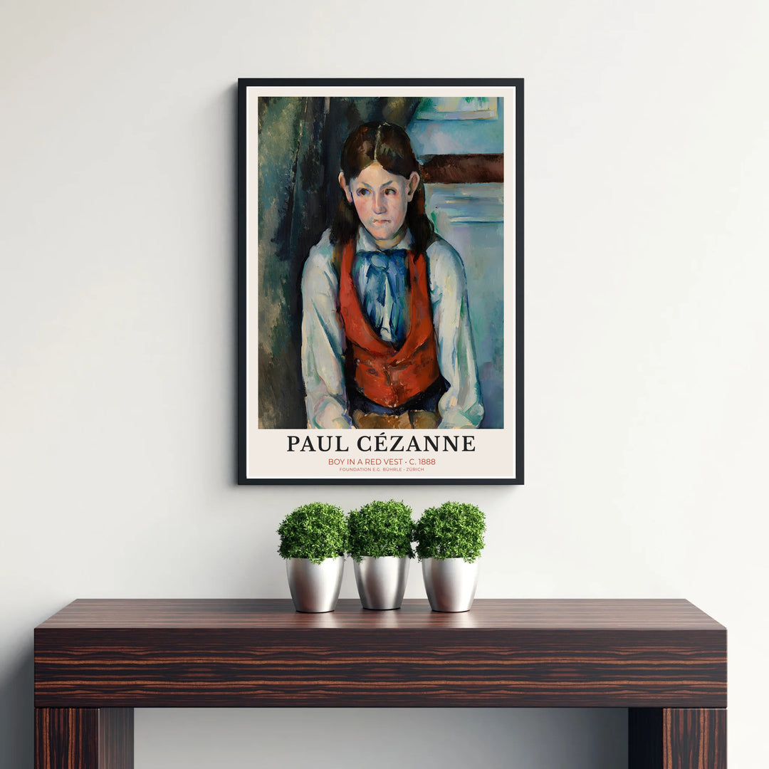 Vintage French exhibition portrait art print of Paul Cezanne Boy In Red Vest 1888 capturing a seated youth in Paris France. Discover custom framed prints, unframed poster options, and stretched canvas wall decor at MapYourDreams for your residential hallway interior display.