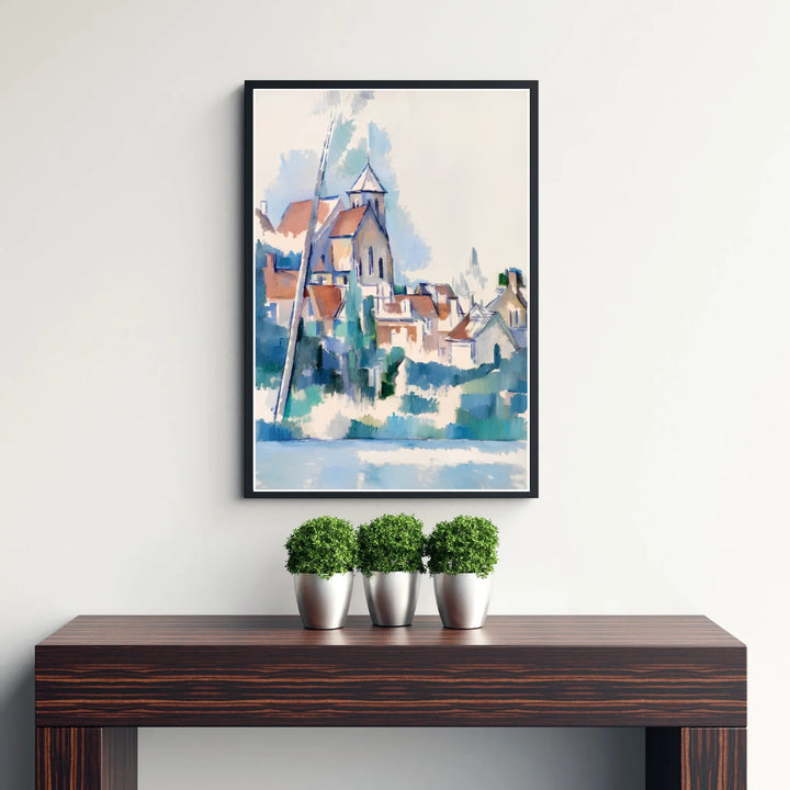 Vintage French countryside art print of Paul Cezanne Church At Montigny Sur Loing 1898 capturing a tranquil riverbank in France. Discover custom framed prints, unframed poster options, and stretched canvas wall decor at MapYourDreams for your residential hallway interior display.