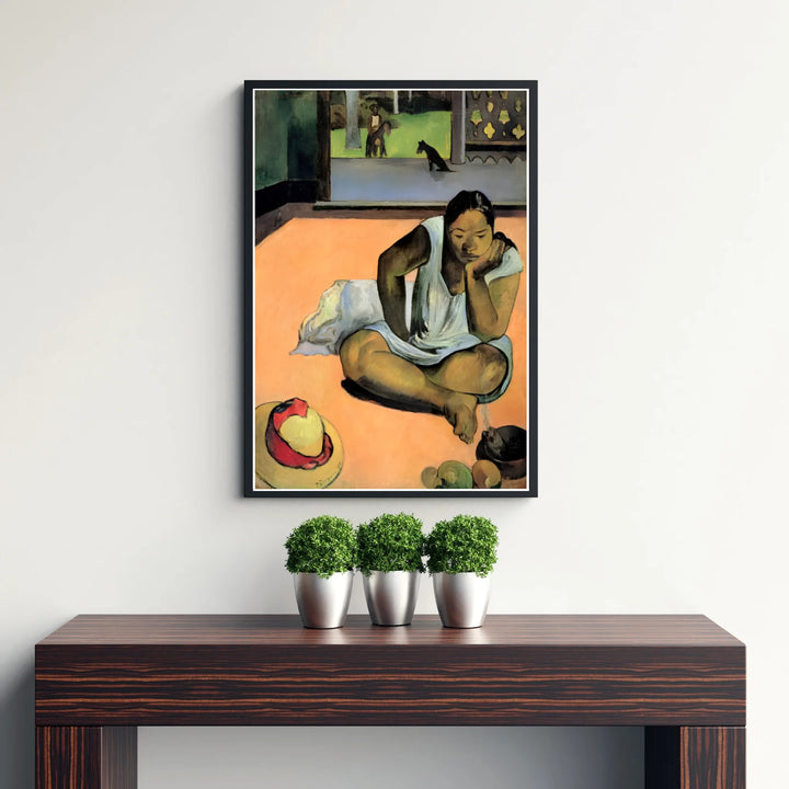 Fine art wall decor print of Paul Gauguin Brooding Woman Te Faaturuma 1891 displaying vivid color contrast created in Tahiti French Polynesia. MapYourDreams supplies custom framed paper prints, unframed posters, and gallery stretched canvas art suitable for rich decor layouts.