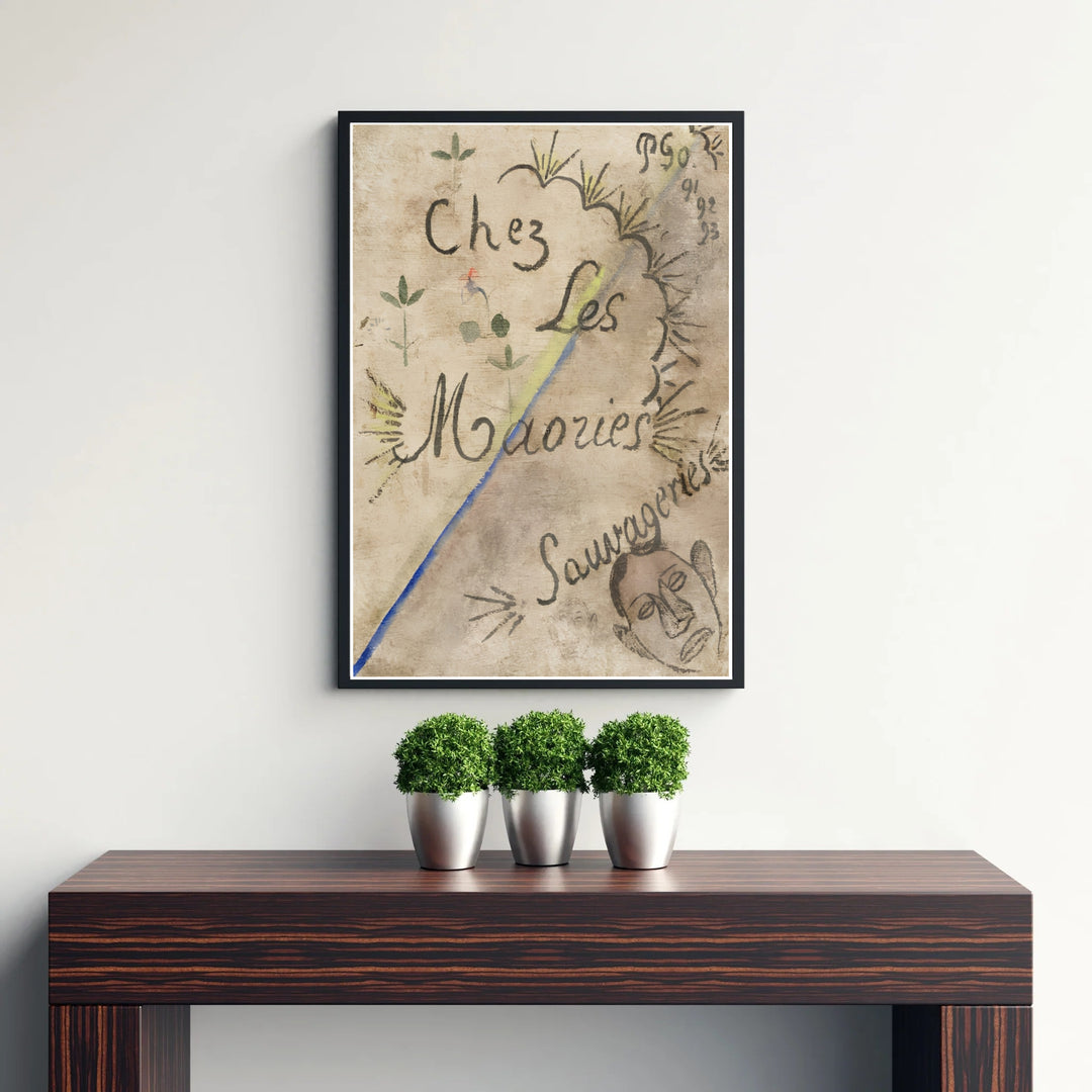Vintage sketchbook art print of Paul Gauguin Chez Les Maories 1893 capturing original manuscript notes from Tahiti, French Polynesia. Discover custom framed prints, unframed poster options, and stretched canvas wall decor at MapYourDreams for your bedroom display.
