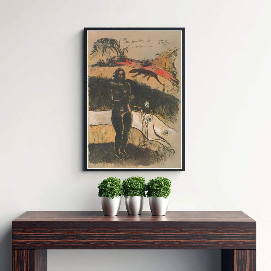 Fine art wall decor print of Paul Gauguin Delightful Land Nave Nave Fenua 1894 displaying striking crimson and dark gouache contrast in Tahiti, French Polynesia. MapYourDreams supplies custom framed paper prints, unframed posters, and gallery stretched canvas art suitable for rich layouts.