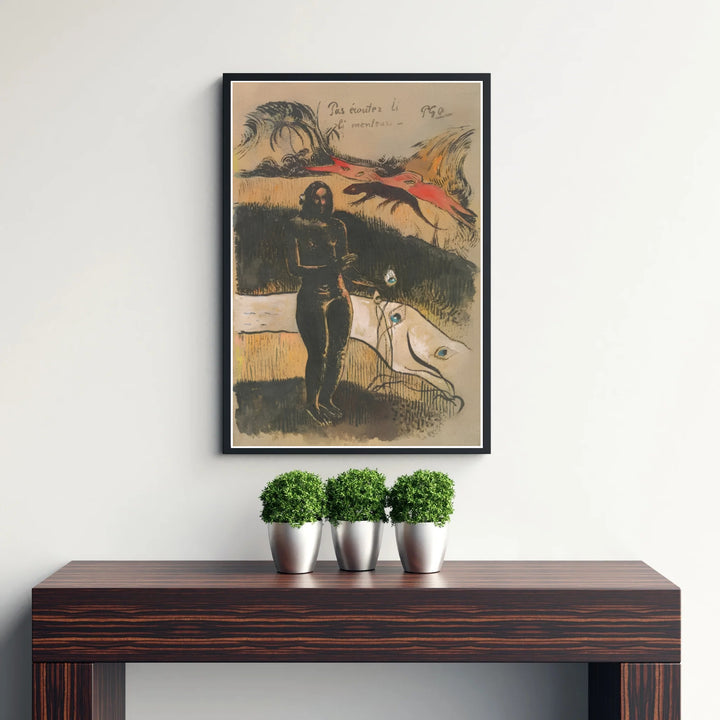 Fine art wall decor print of Paul Gauguin Delightful Land Nave Nave Fenua 1894 displaying striking crimson and dark gouache contrast in Tahiti, French Polynesia. MapYourDreams supplies custom framed paper prints, unframed posters, and gallery stretched canvas art suitable for rich layouts.
