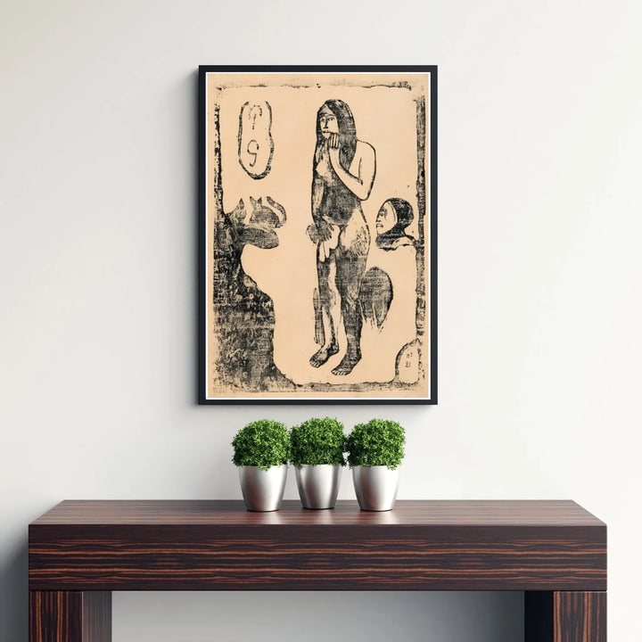 Vintage Tahitian art print of Paul Gauguin Eve Suite Of Late Woodblocks 1898 capturing raw woodcut textures from Tahiti, French Polynesia. Discover custom framed prints, unframed poster options, and stretched canvas wall decor at MapYourDreams for your master bedroom display.