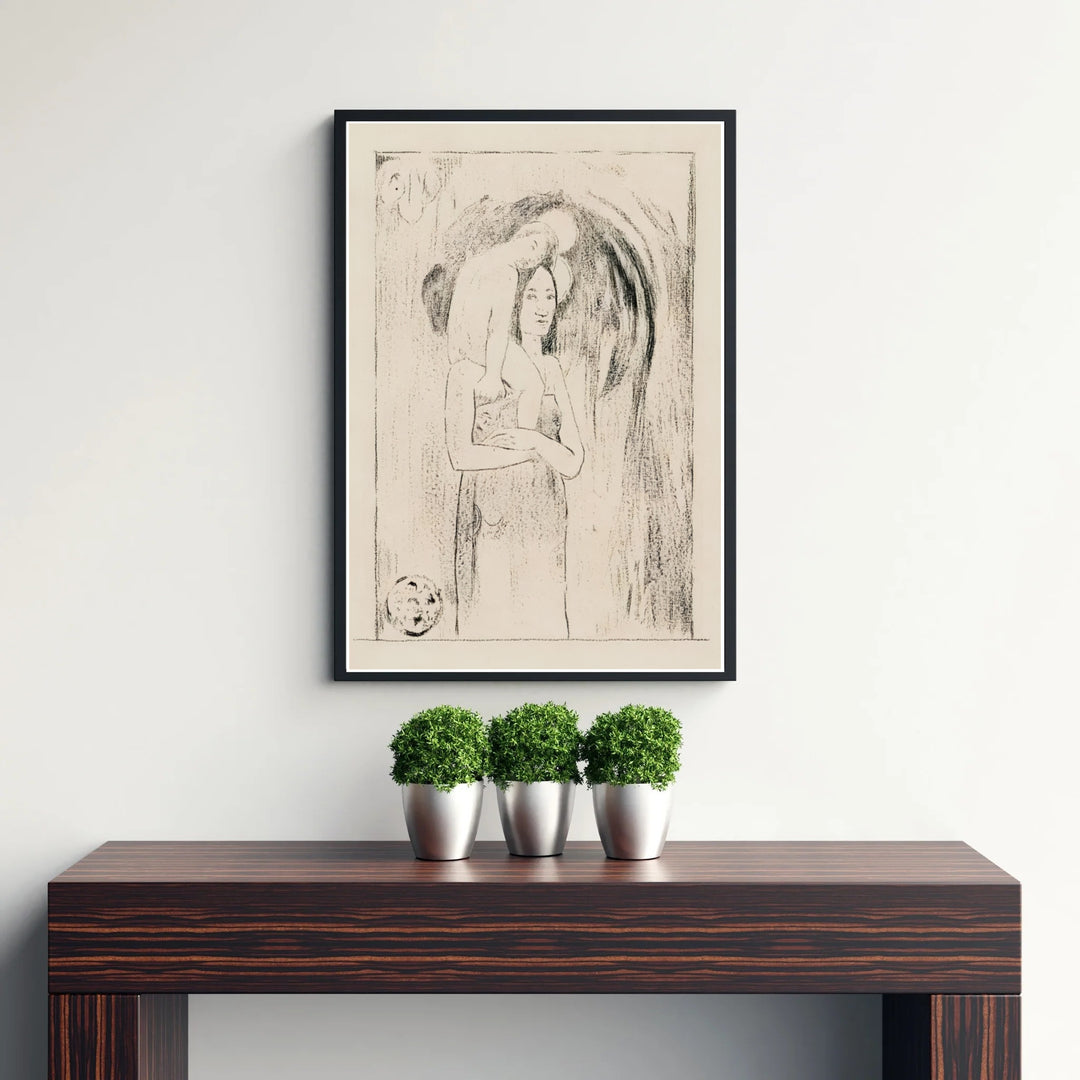 Fine art wall decor print of Paul Gauguin Hail Mary Ia Orana Maria 1895 displaying gentle charcoal contrast in Tahiti, French Polynesia. MapYourDreams supplies custom framed paper prints, unframed posters, and gallery stretched canvas art suitable for Scandinavian layouts.