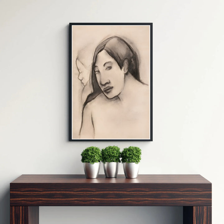 Fine art wall decor print of Paul Gauguin Heads Of Tahitian Women 1891 displaying gentle charcoal contrast in Tahiti, French Polynesia. MapYourDreams supplies custom framed paper prints, unframed posters, and gallery stretched canvas art suitable for neutral interior layouts.