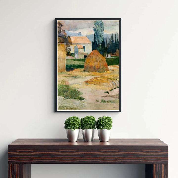 Fine art wall decor print of Paul Gauguin Landscape Near Arles 1888 depicting a sunlit farmstead in Arles, Provence, France. MapYourDreams supplies custom framed paper prints, unframed posters, and gallery stretched canvas art suitable for earth-toned interior design concepts.