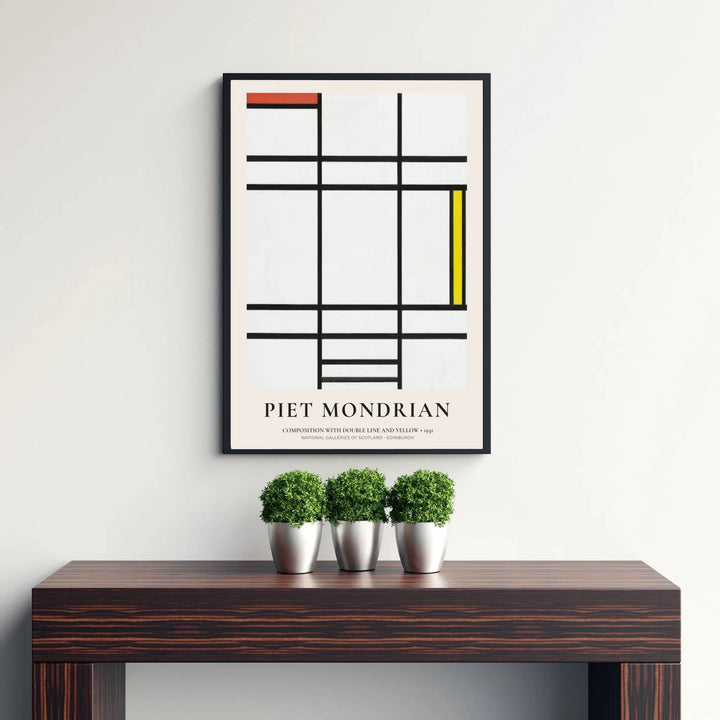 This magnificent reproduction of the 1932 Piet Mondrian Composition With Double Line And Yellow poster celebrates the balanced arrangement of primary color highlights against an architectural exhibition grid backdrop. MapYourDreams makes it easy to style your home by offering this artwork in flexible formats, including unframed prints, elegant custom frames, and professional canvas wraps.
