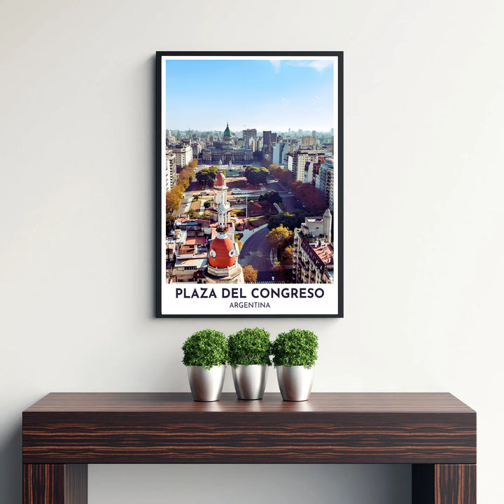 Framed by bold modern typography reading Plaza del Congreso Argentina, this Plaza del Congreso wall art highlights South America&