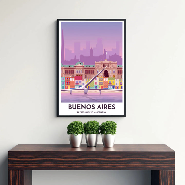 A romantic vector graphic illustration highlights the famous waterfront district in this Puerto Madero poster, offered by MapYourDreams in multiple framing finishes ranging from minimalist fine art paper to solid timber and gallery canvas styles.