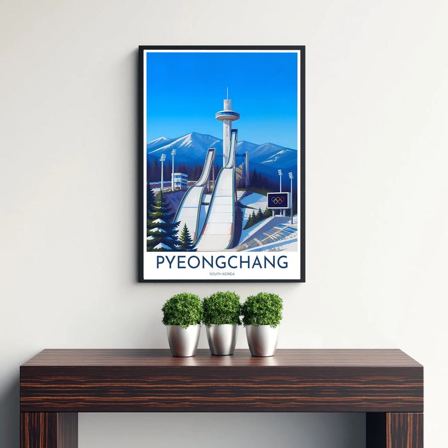 Picturesque winter landscape art print showing the curved ski ramps and futuristic observation tower at Alpensia Ski Jump Centre in Pyeongchang, South Korea. Offered by MapYourDreams, this artwork is available in flexible options including unframed paper, custom wooden frames, and gallery canvas wraps.