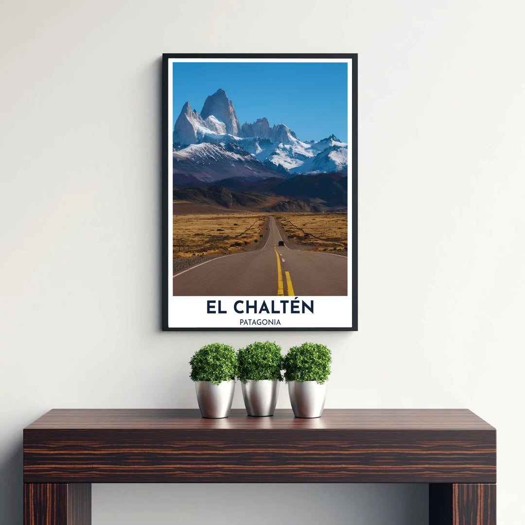 Framed by clean typography reading El Chaltén Patagonia, this El Chaltén wall art highlights Argentina&