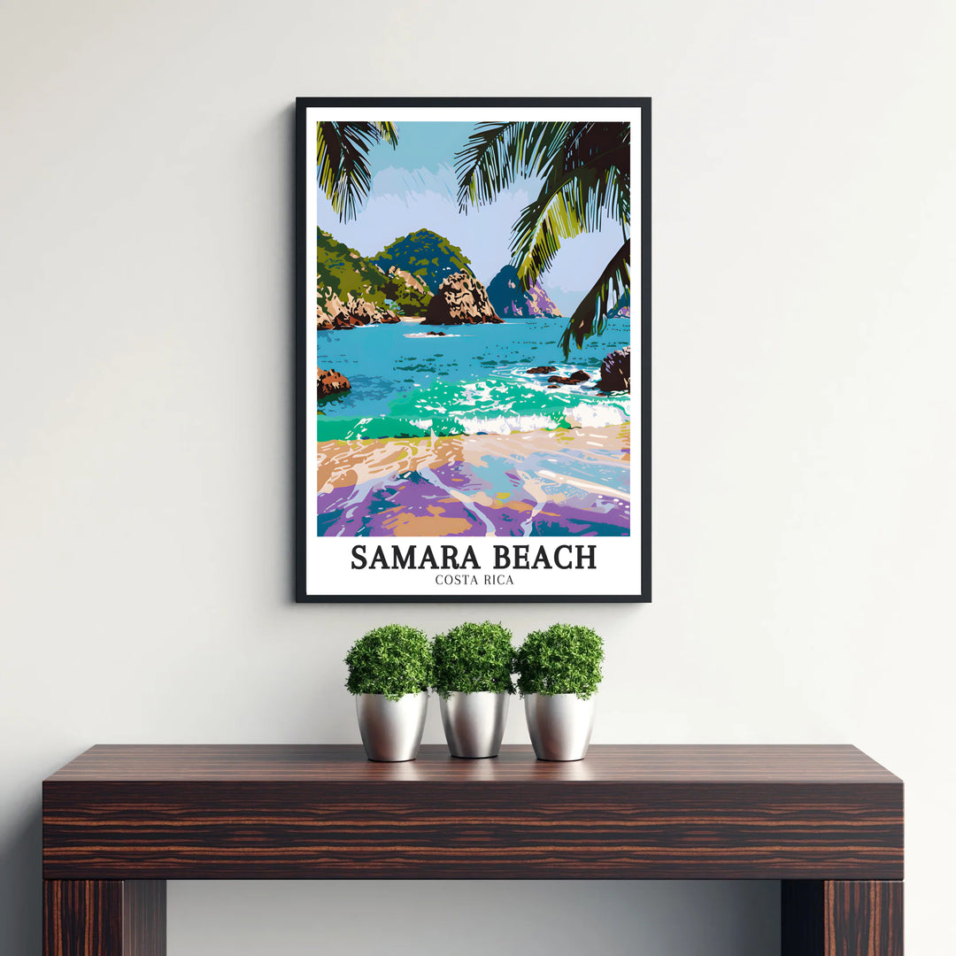 Inspired by classic tropical travel posters, this Costa Rica print showcases scenic Samara Beach and Isla Chora vistas. Explore versatile framed, unframed, and canvas options available at MapYourDreams.