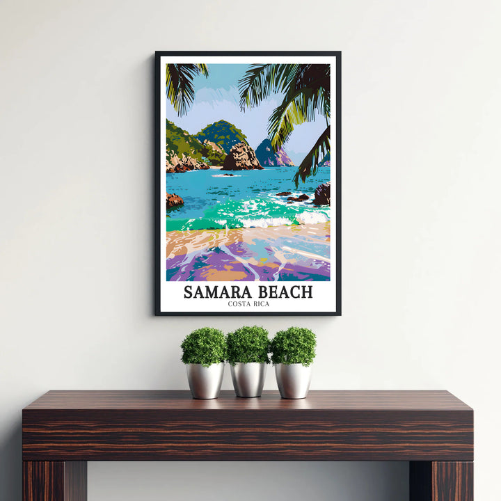 Inspired by classic tropical travel posters, this Costa Rica print showcases scenic Samara Beach and Isla Chora vistas. Explore versatile framed, unframed, and canvas options available at MapYourDreams.