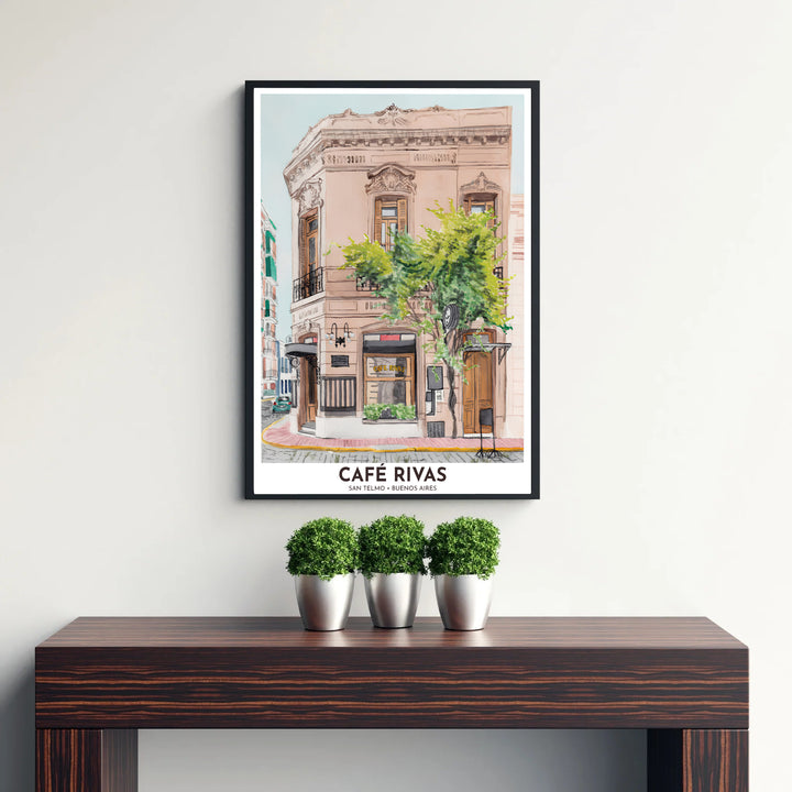 Framed by clean typography reading Café Rivas San Telmo Buenos Aires, this San Telmo Cafe Rivas wall art highlights Argentina&
