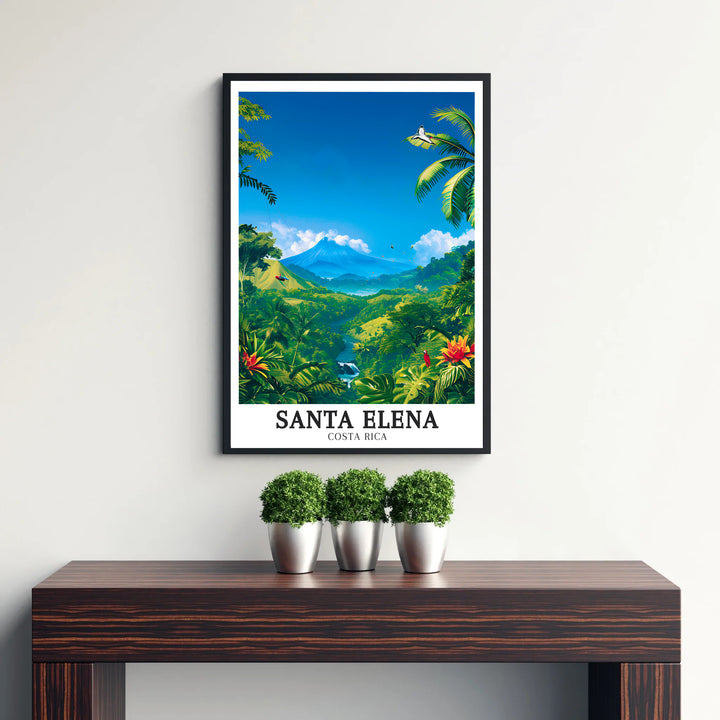 Inspired by classic vintage travel posters, this Costa Rica print showcases Santa Elena Cloud forest and Arenal Volcano vistas. Explore versatile framed, unframed, and canvas options available at MapYourDreams.