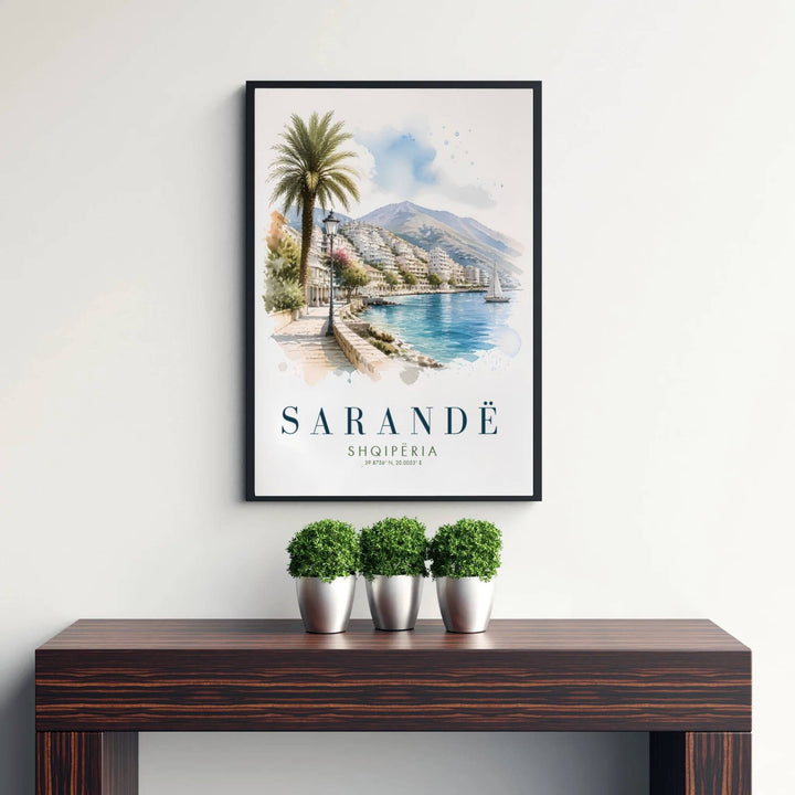 Transport your walls to the radiant shores of the Albanian Riviera with a delicate watercolor rendering of Sarandë’s famous palm-lined seaside walkway. Flexible purchase options include unframed paper, tailored wooden frames, and gallery canvas wraps for home decor.