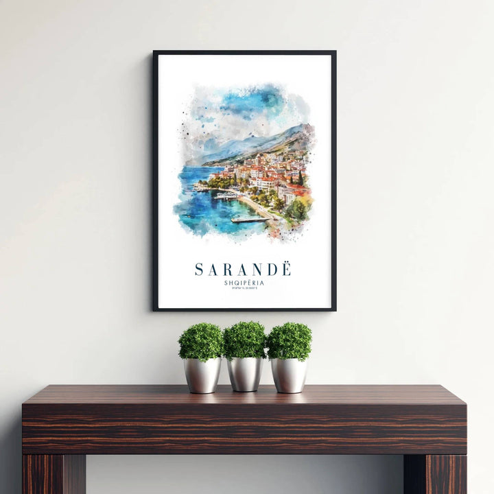 Transport your walls to the radiant shores of the Albanian Riviera with a delicate watercolor rendering of Sarandë’s famous resort city bay. Flexible purchase options include unframed paper, tailored wooden frames, and gallery canvas wraps for home decor.
