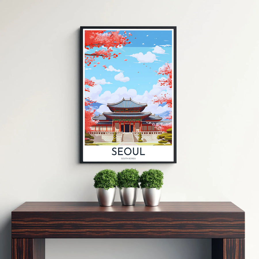Picturesque Korean palace art print showing Gyeongbokgung Palace in Seoul, South Korea, bathed in gentle spring light with falling cherry blossom petals dancing across the courtyard. Offered by MapYourDreams, this artwork is available in flexible options including unframed paper, custom wooden frames, and gallery canvas wraps.