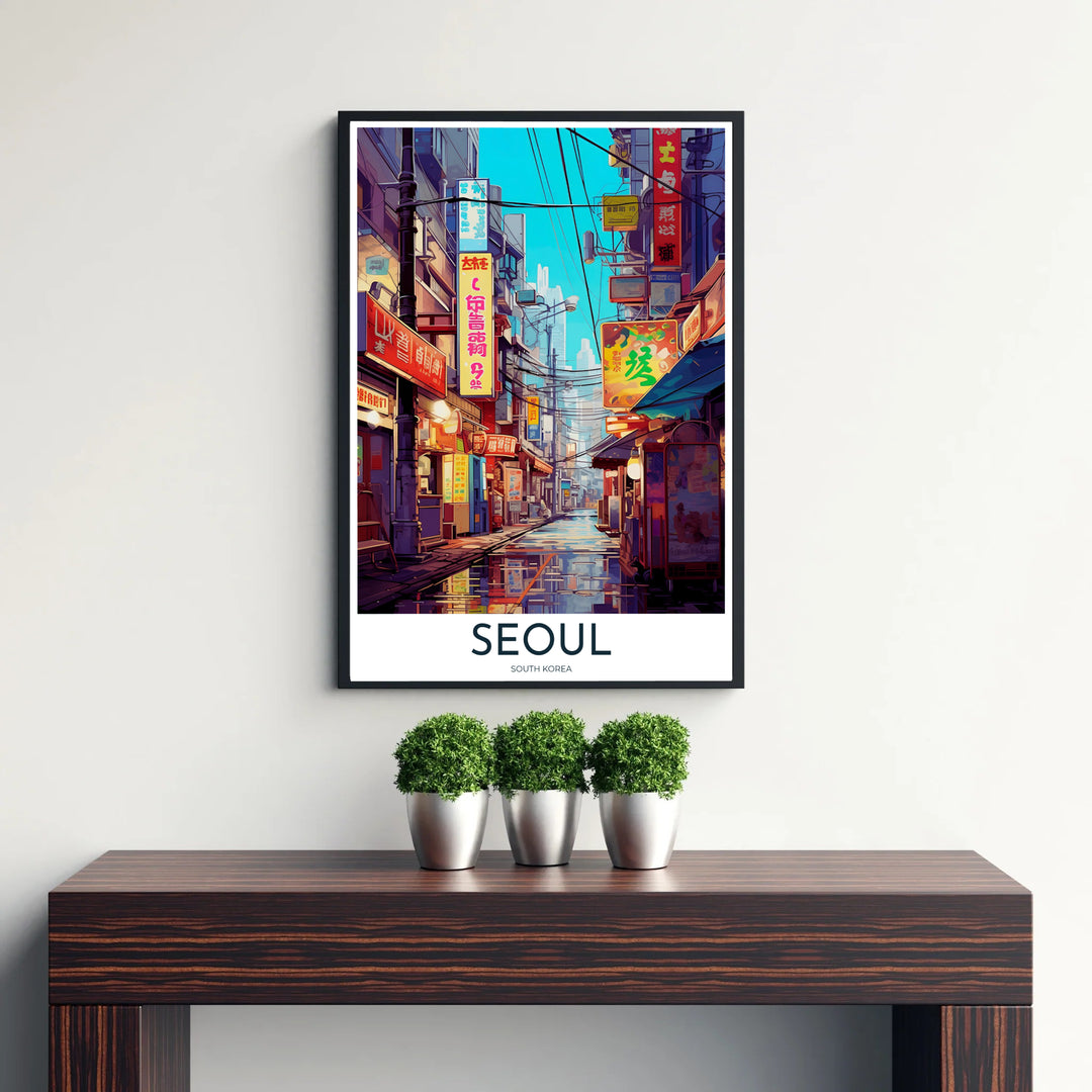 Picturesque Korean cityscape art print showing a charming night market street in Seoul, South Korea, bathed in electric neon light with soft water reflections dancing across the pavement. Offered by MapYourDreams, this artwork is available in flexible options including unframed paper, custom wooden frames, and gallery canvas wraps.