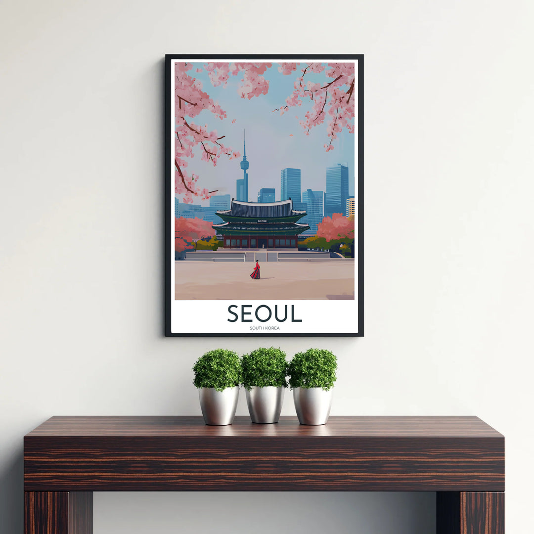 Picturesque Korean cultural art print showing Gyeongbokgung Palace in Seoul, South Korea, bathed in gentle spring morning light with delicate cherry blossom branches arching across the top sky. Offered by MapYourDreams, this artwork is available in flexible options including unframed paper, custom wooden frames, and gallery canvas wraps.
