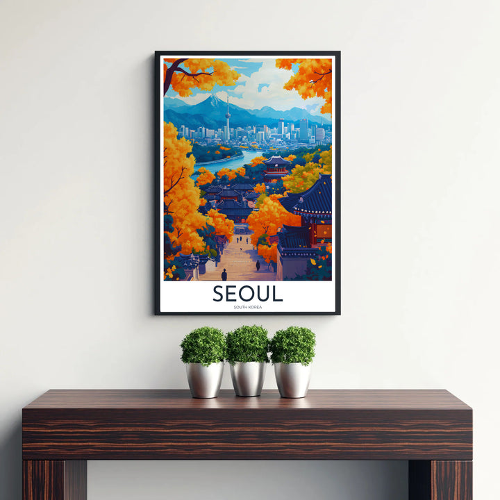 Picturesque Korean autumn print showing Bukchon Hanok Village in Seoul, South Korea, bathed in warm golden daylight with vibrant ginkgo and maple leaves framing the distant urban skyline. Offered by MapYourDreams, this artwork is available in flexible options including unframed paper, custom wooden frames, and gallery canvas wraps.