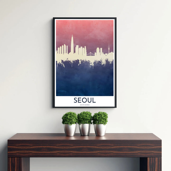Atmospheric gradient skyline artwork illustrating dusk over Seoul, South Korea, rendered with delicate watercolor paint textures in rose, mauve, and slate blue colors. Offered by MapYourDreams, this artwork is available in flexible options including unframed paper, custom wooden frames, and gallery canvas wraps.