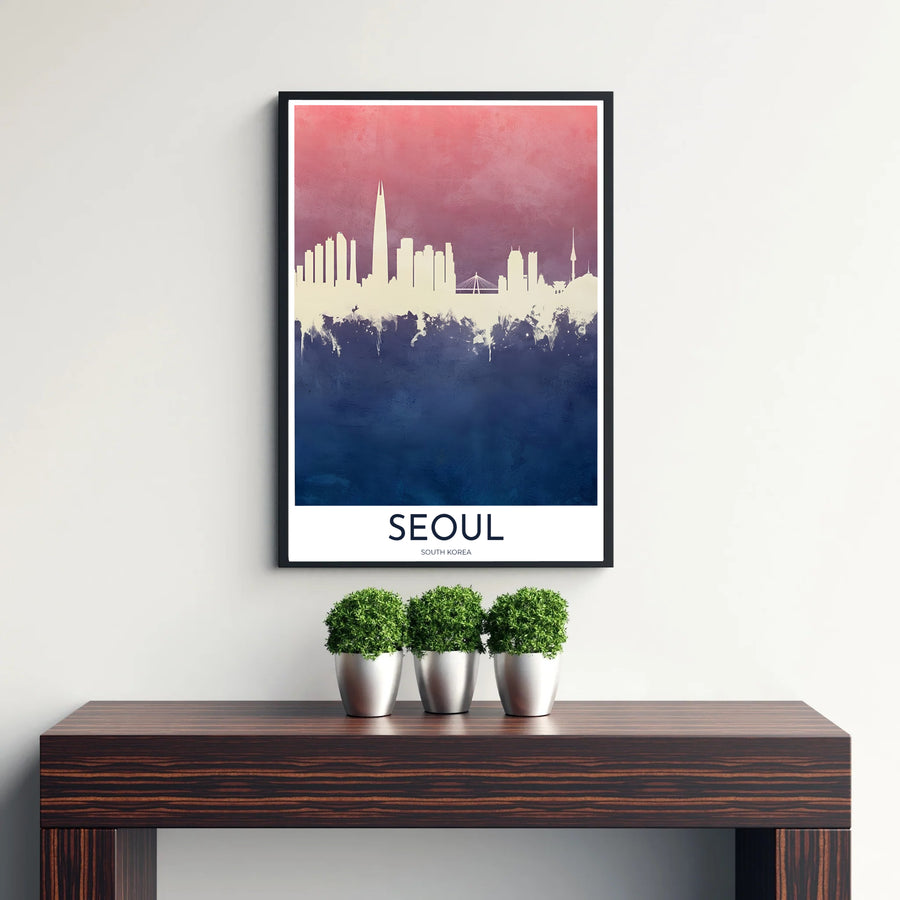 Atmospheric gradient skyline artwork illustrating dusk over Seoul, South Korea, rendered with delicate watercolor paint textures in rose, mauve, and slate blue colors. Offered by MapYourDreams, this artwork is available in flexible options including unframed paper, custom wooden frames, and gallery canvas wraps.