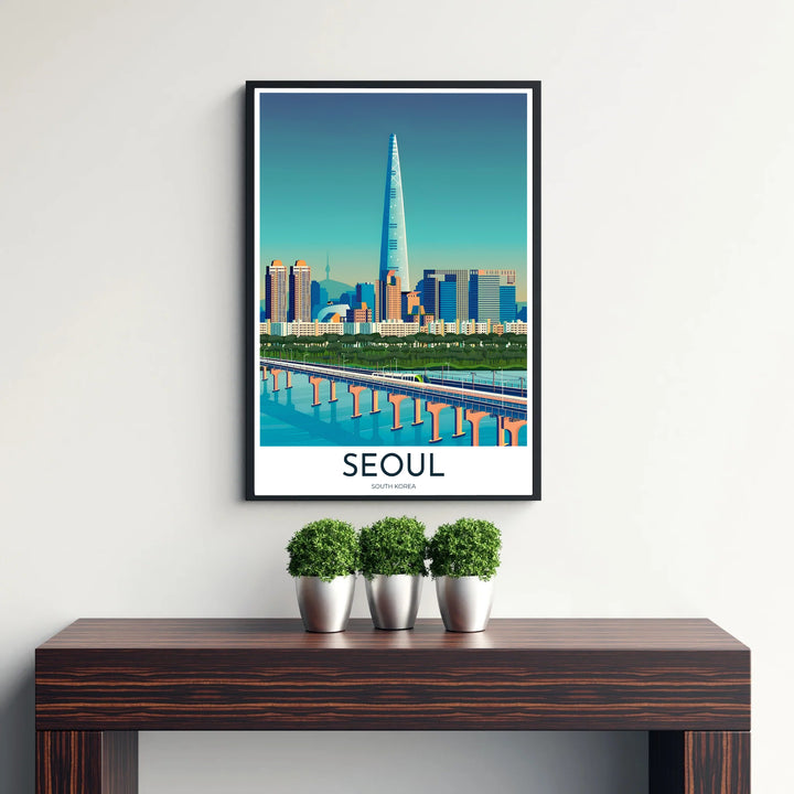 Luminous teal gradient city skyline print capturing Seoul South Korea&