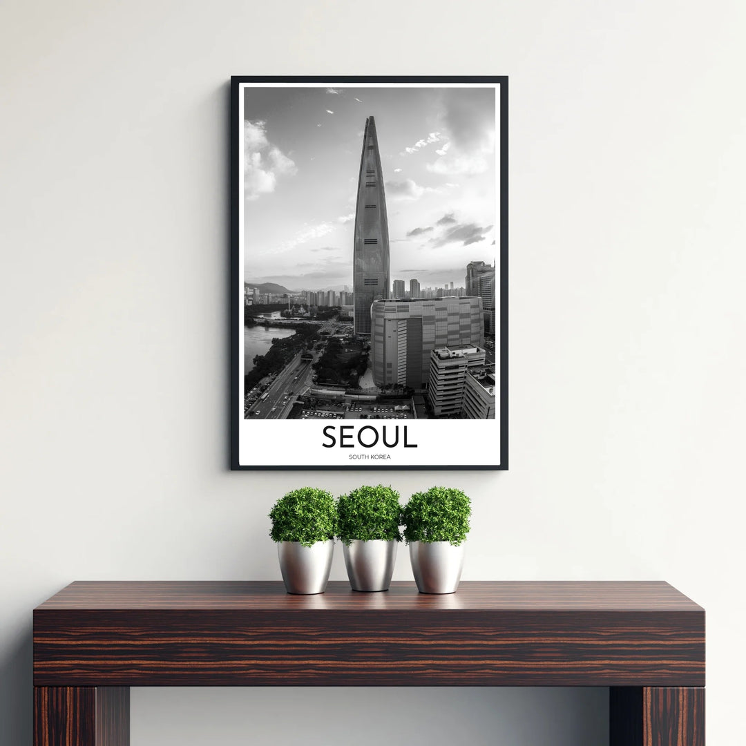 Atmospheric grayscale cityscape photo print showing Lotte Tower and Han River urban landscape in Seoul, designed by MapYourDreams in customizable choices including unframed archival paper, metallic gold frames, and canvas wraps that effortlessly suit diverse interior design aesthetic themes.
