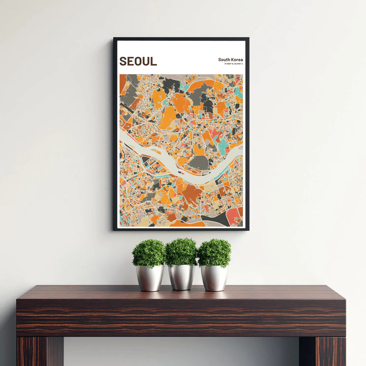 Stylish earth-tone map decor print capturing the iconic river and city blocks of Seoul, South Korea, brought to you by MapYourDreams in flexible display options such as unframed prints, ready-to-hang frames, and wrapped canvas ideal for living rooms or home offices.