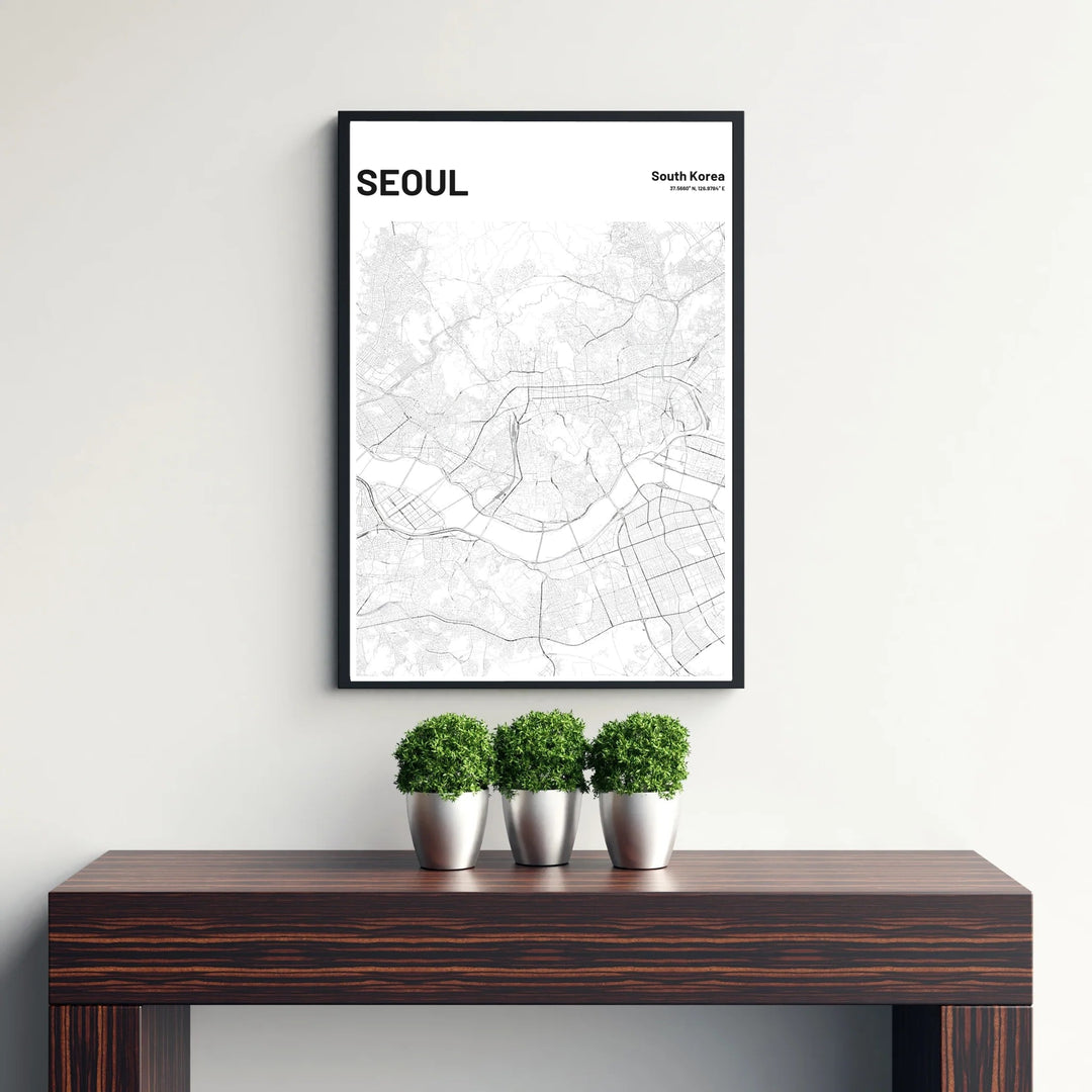 Detailed monochrome city grid map art print featuring seoul south korea and the flowing han river, designed by MapYourDreams in customizable choices including unframed archival paper, metallic gold frames, and canvas wraps that suit contemporary and industrial decor themes perfectly.