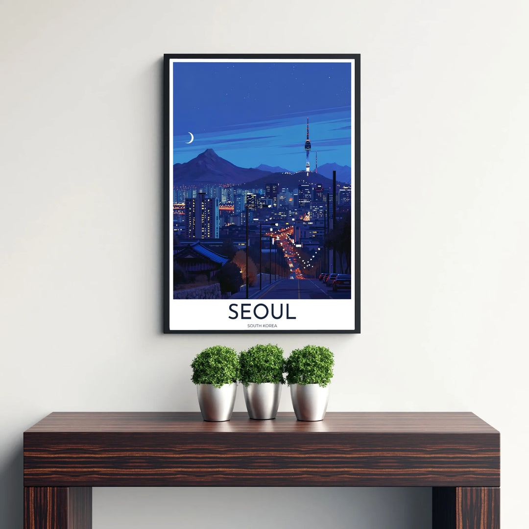 Serene twilight blue skyline poster featuring a silver crescent moon and glowing N Seoul Tower in South Korea, brought to you by MapYourDreams in flexible display options such as unframed prints, ready-to-hang frames, and wrapped canvas ideal for living rooms or home offices.