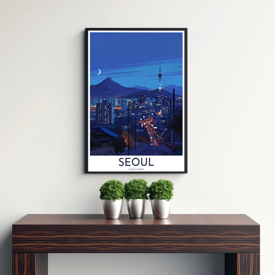 Serene twilight blue skyline poster featuring a silver crescent moon and glowing N Seoul Tower in South Korea, brought to you by MapYourDreams in flexible display options such as unframed prints, ready-to-hang frames, and wrapped canvas ideal for living rooms or home offices.