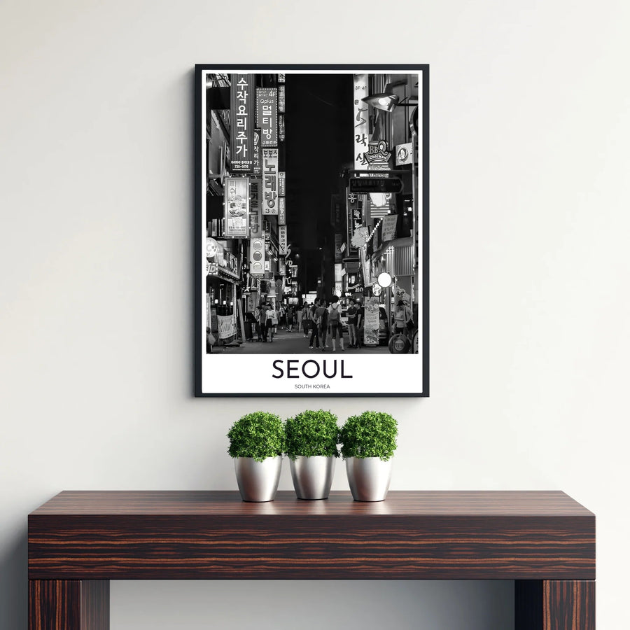 Detailed black and white alley art print illustrating the bustling nightlife and street architecture of Seoul South Korea, designed by MapYourDreams in customizable choices including unframed archival paper, metallic gold frames, and canvas wraps that effortlessly suit urban decor themes.