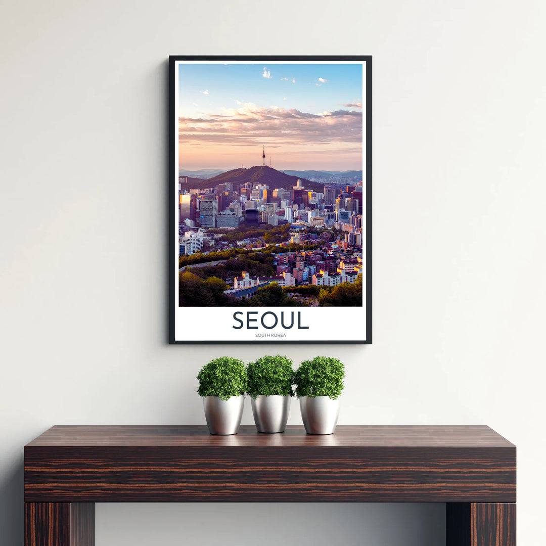 Fine art travel photography poster highlighting N Seoul Tower standing tall above the evening metropolis, available from MapYourDreams in options like unframed paper prints, custom wooden frames, and canvas that add refined scenic beauty to any home gallery wall layout.