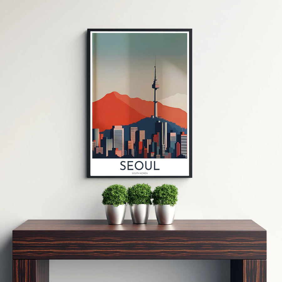 Detailed graphic art print illustrating the mountain ridge and downtown skyscraper grid of Seoul South Korea, designed by MapYourDreams in customizable choices including unframed archival paper, metallic gold frames, and canvas wraps that effortlessly suit mid-century modern decor themes.