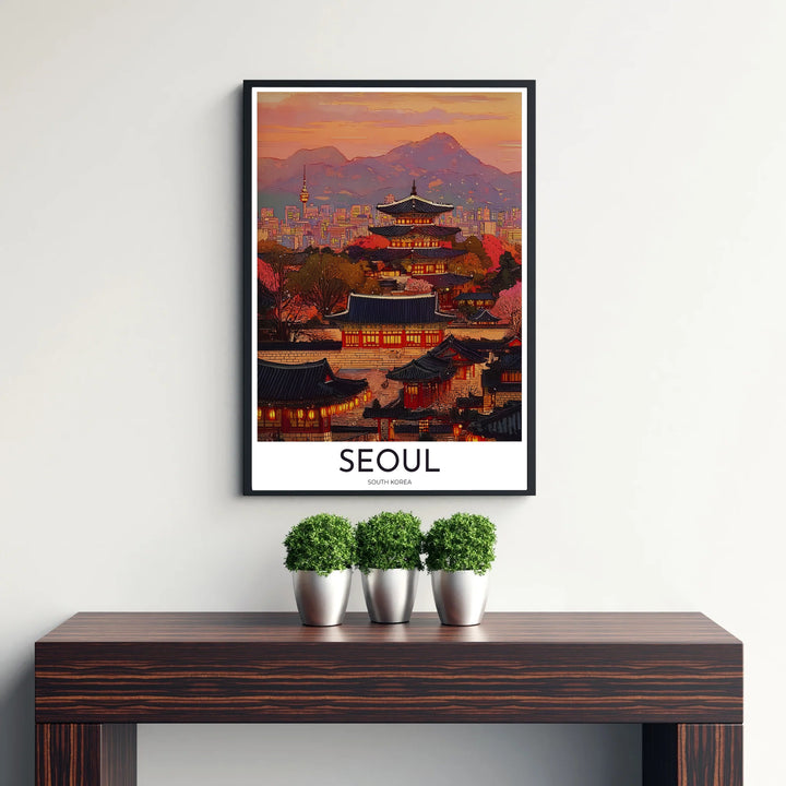 Detailed heritage art print illustrating a traditional palace courtyard illuminated by lanterns in Seoul South Korea, designed by MapYourDreams in customizable choices including unframed archival paper, metallic gold frames, and canvas wraps that effortlessly suit warm, classic decor themes.