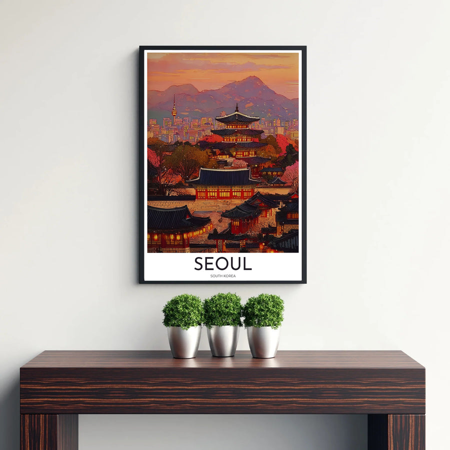 Detailed heritage art print illustrating a traditional palace courtyard illuminated by lanterns in Seoul South Korea, designed by MapYourDreams in customizable choices including unframed archival paper, metallic gold frames, and canvas wraps that effortlessly suit warm, classic decor themes.