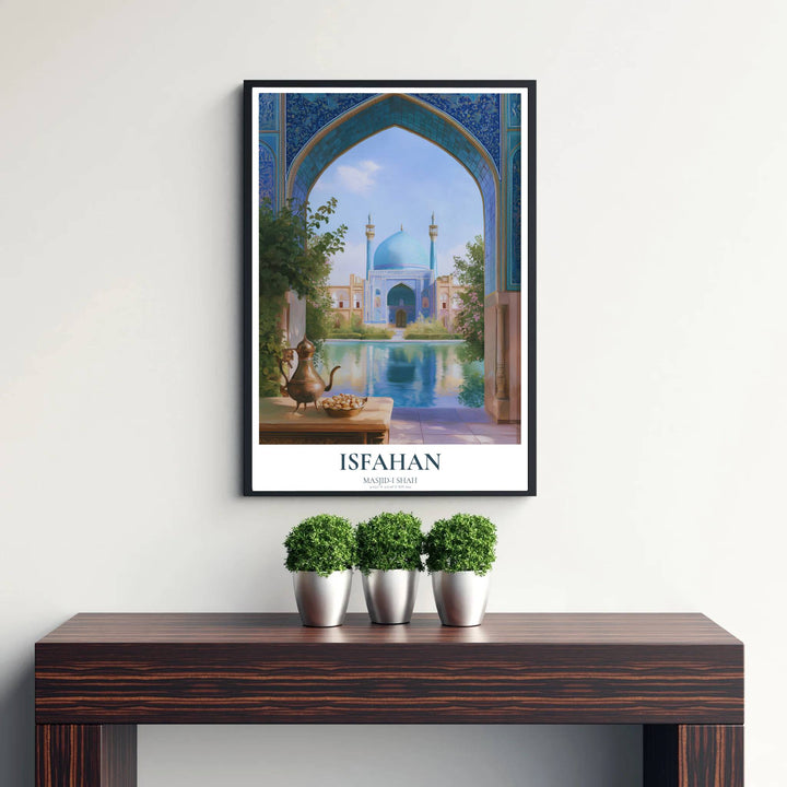 Turquoise dome and cobalt blue tile photo poster of the Shah Mosque in Isfahan under warm afternoon courtyard light. Published by MapYourDreams, this artwork is available in flexible options including unframed paper, custom wooden frames, and gallery canvas wraps for fine art display.