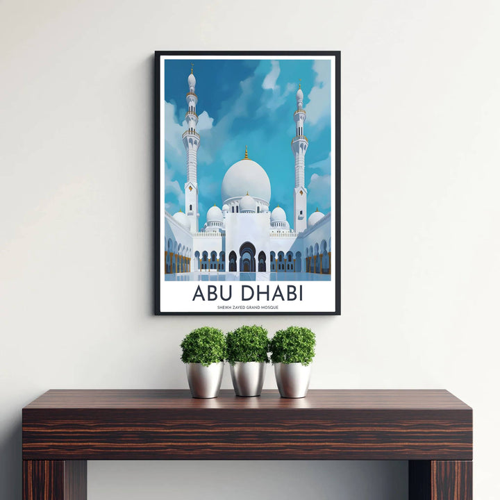 Marble white and sky blue photo poster of Sheikh Zayed Grand Mosque in Abu Dhabi under clean minimalist studio lighting. Published by MapYourDreams, this artwork is available in flexible options including unframed paper, custom wooden frames, and gallery canvas wraps for fine art display.